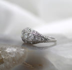 Platinum Vintage Style Three Stone Ring with Pierced Filigree