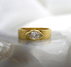 14K Yellow Gold Hammer Textured Solitaire Ring with Bezel Set Marquise Diamond