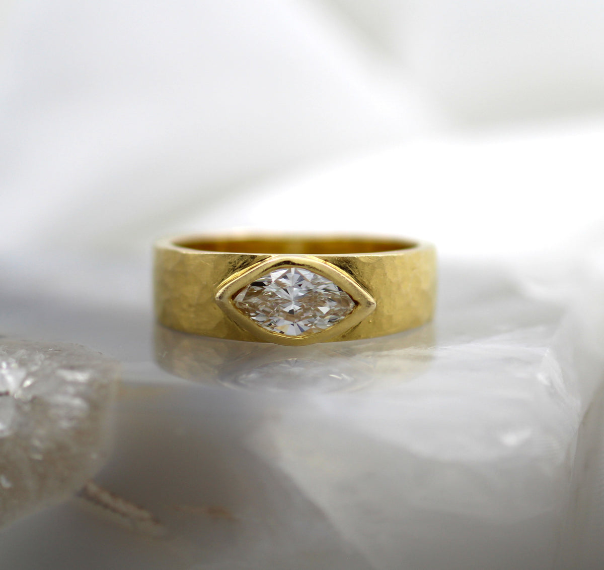 14K Yellow Gold Hammer Textured Solitaire Ring with Bezel Set Marquise Diamond