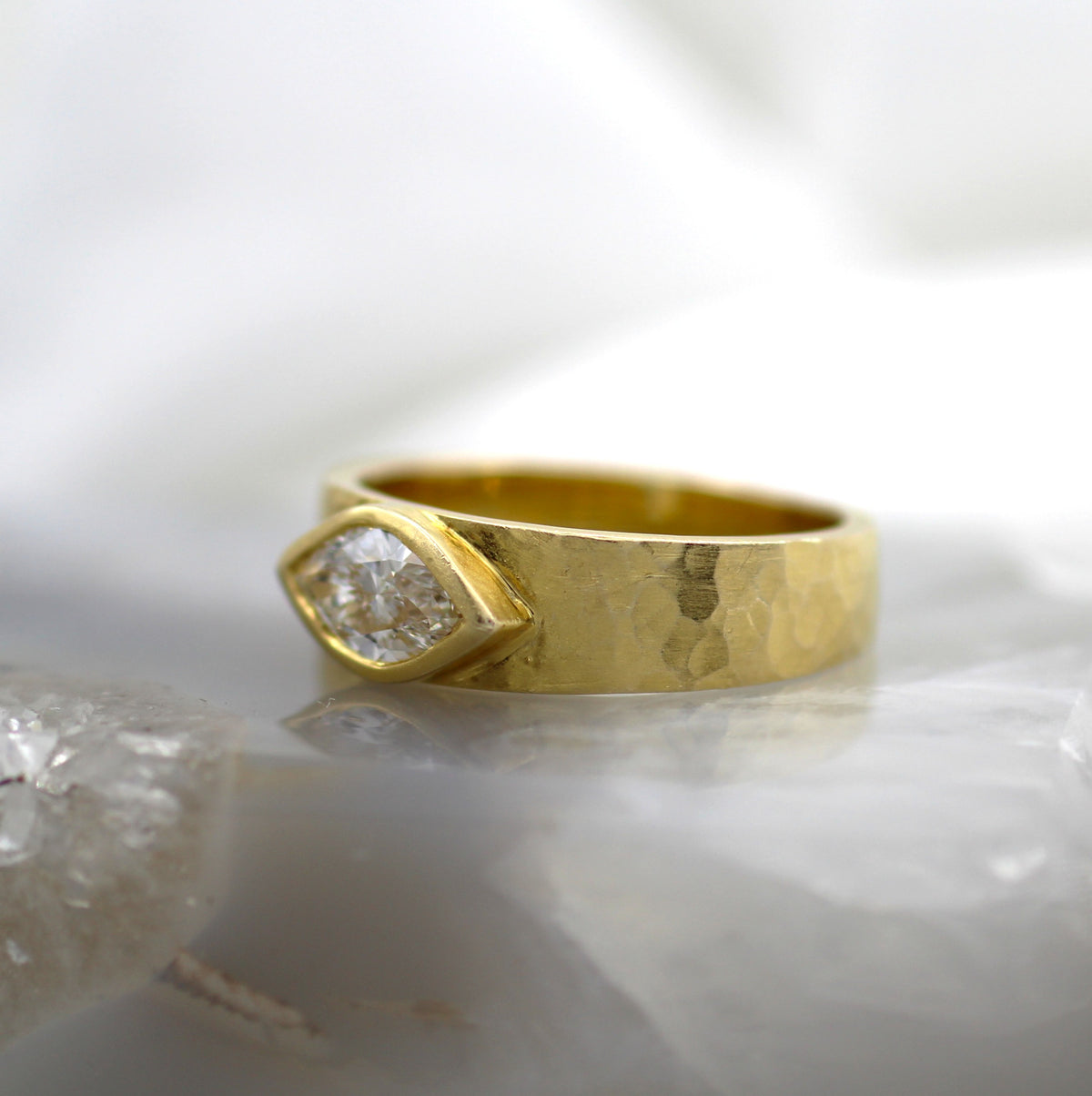 14K Yellow Gold Hammer Textured Solitaire Ring with Bezel Set Marquise Diamond