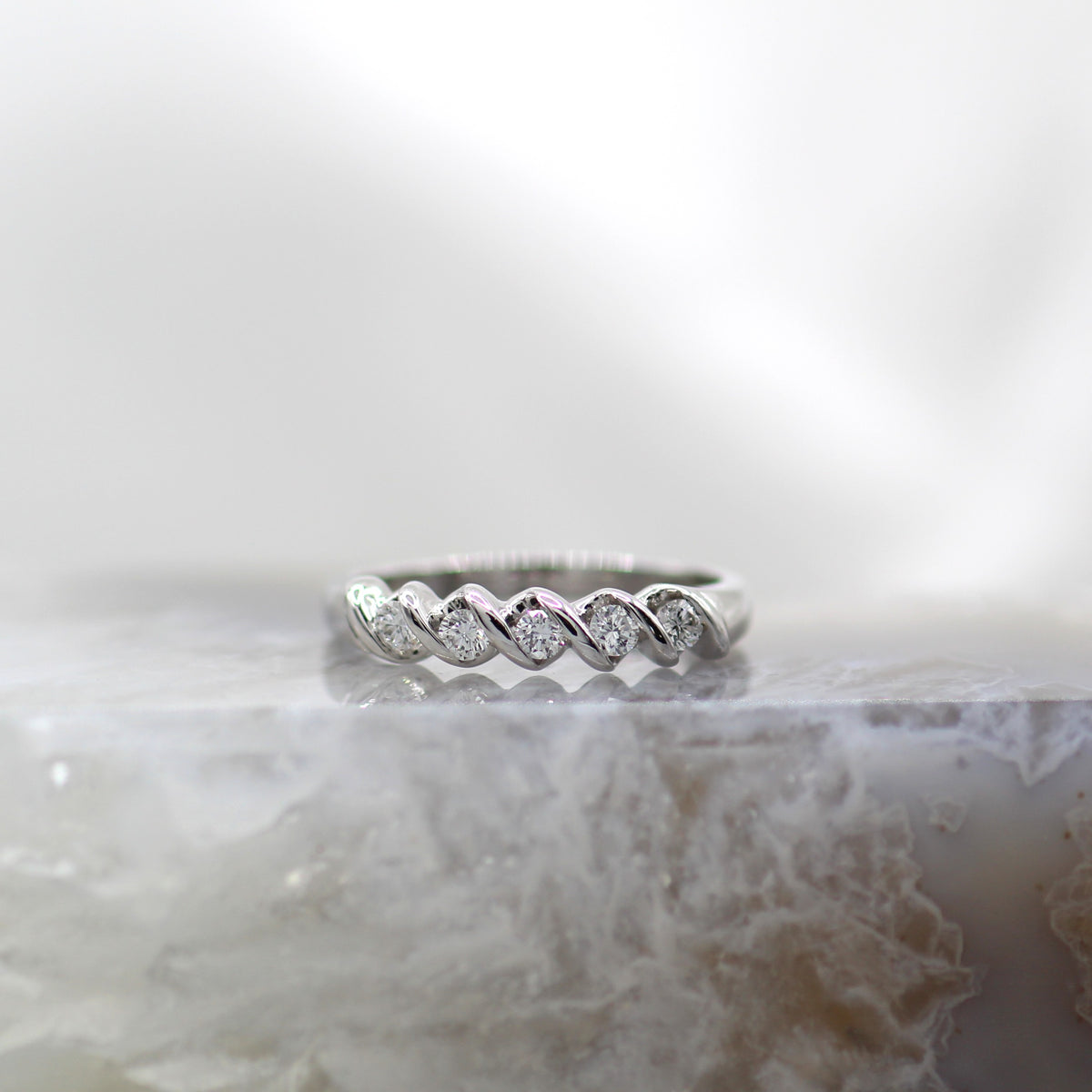 10K White Gold Five Stone Angled Channel Diamond Band