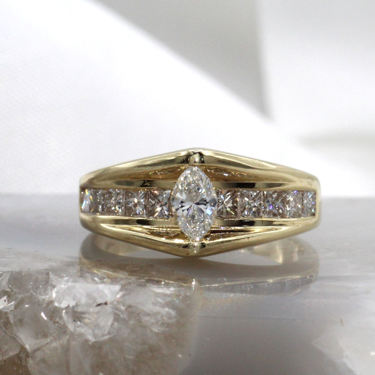 14K Yellow Gold Geometric Retro Chevron Engagement Ring