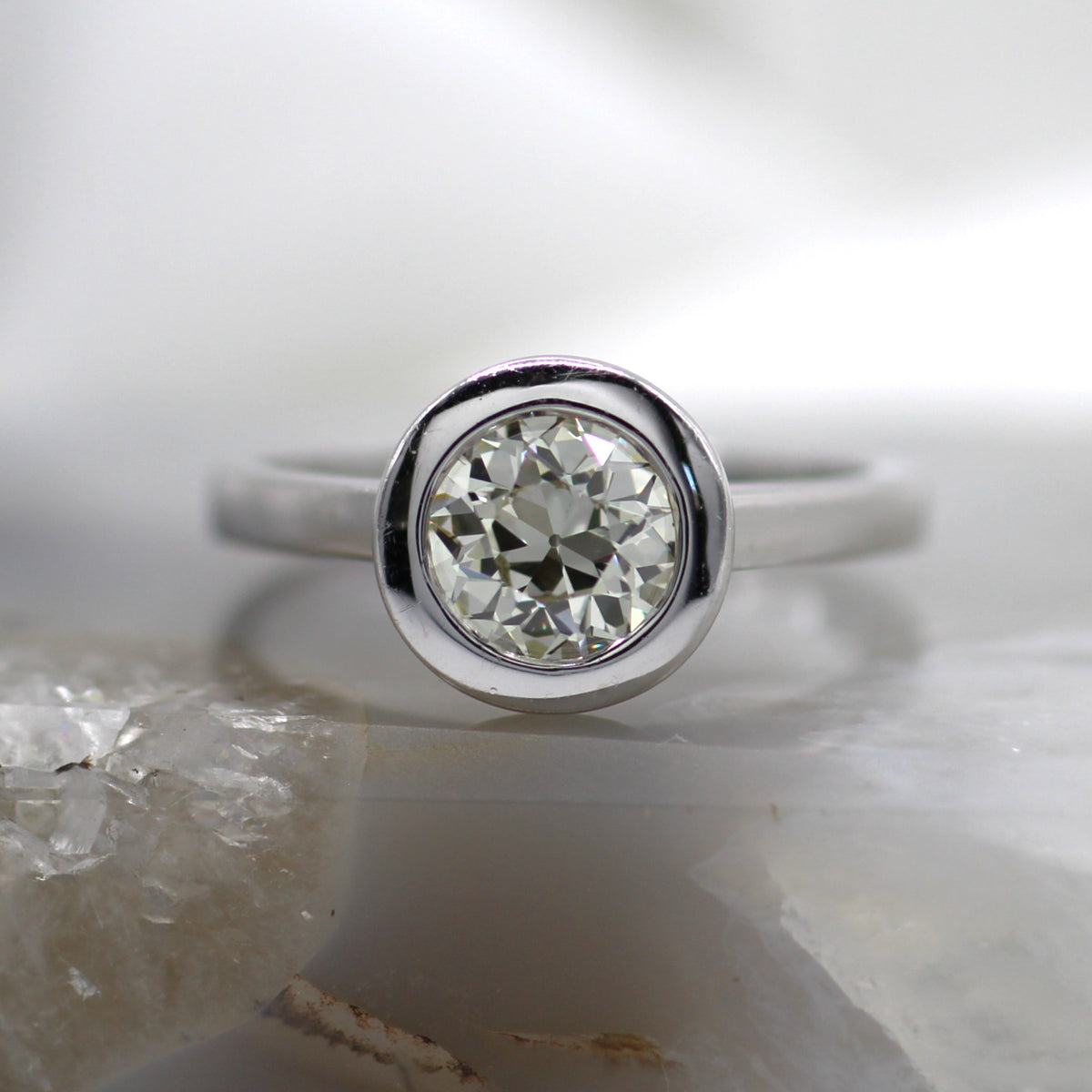 14K White Gold Bezel Set Solitaire Engagement Ring with Old European Diamond