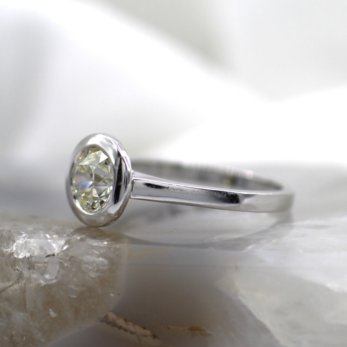 14K White Gold Bezel Set Solitaire Engagement Ring with Old European Diamond