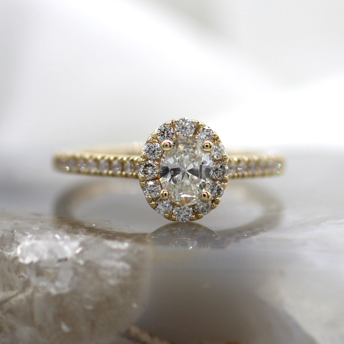 14K Yellow Gold Oval Halo Pave Diamond Engagement Ring