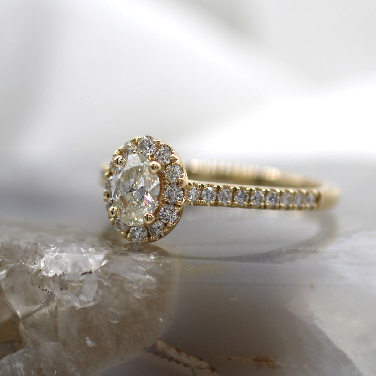 14K Yellow Gold Oval Halo Pave Diamond Engagement Ring