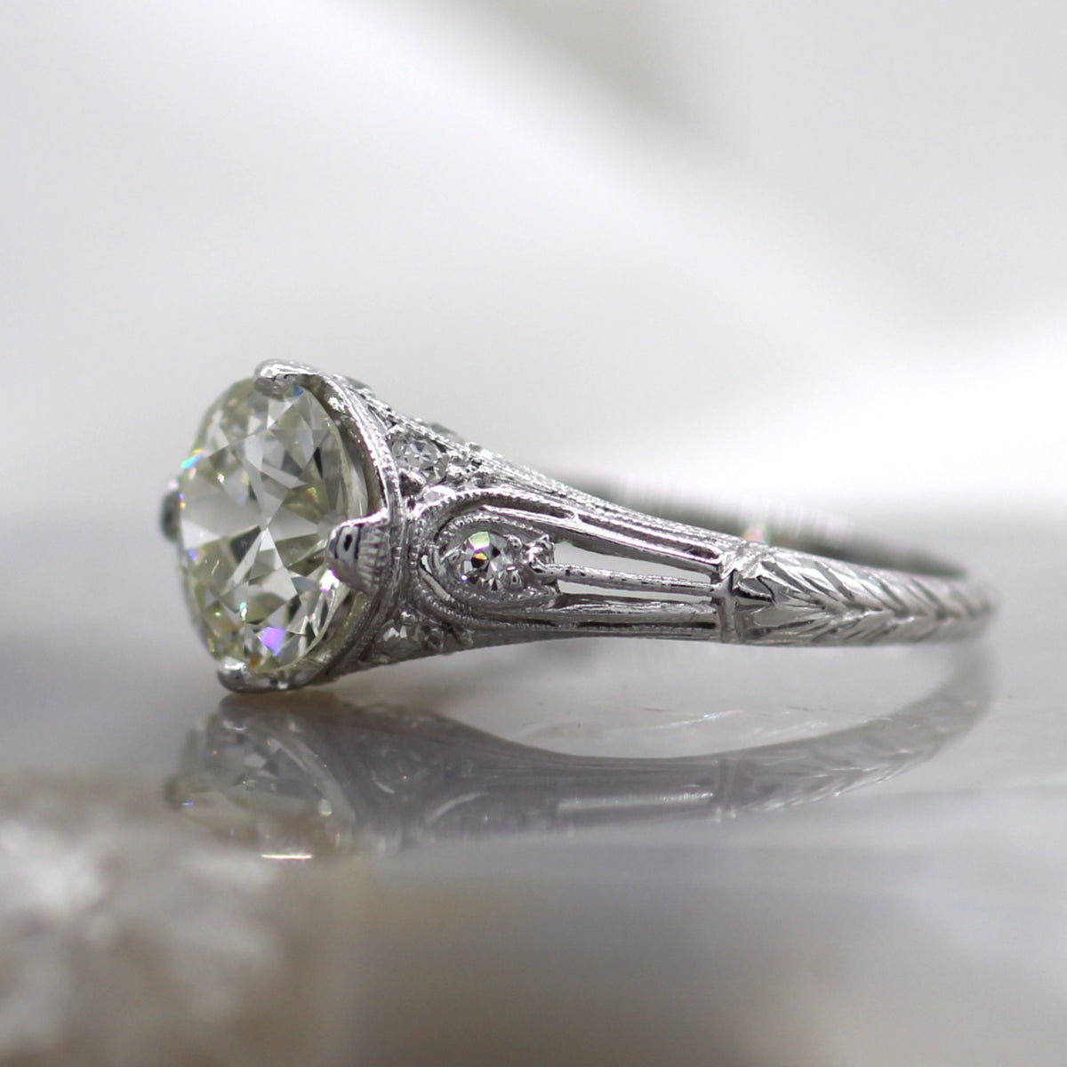 Platinum Vintage Diamond Accented Filigree Mil Grain Old Mine Diamond Engagement Ring