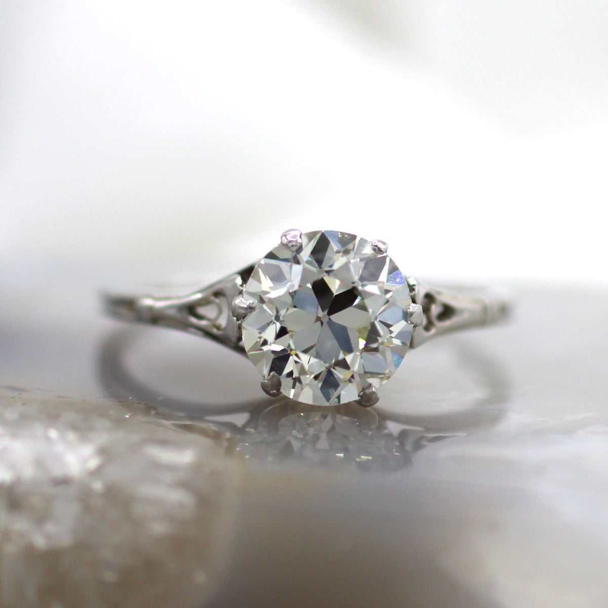 Platinum Vintage Antique Heart Accented Crown Old Mine Cut Diamond Solitaire Engagement Ring
