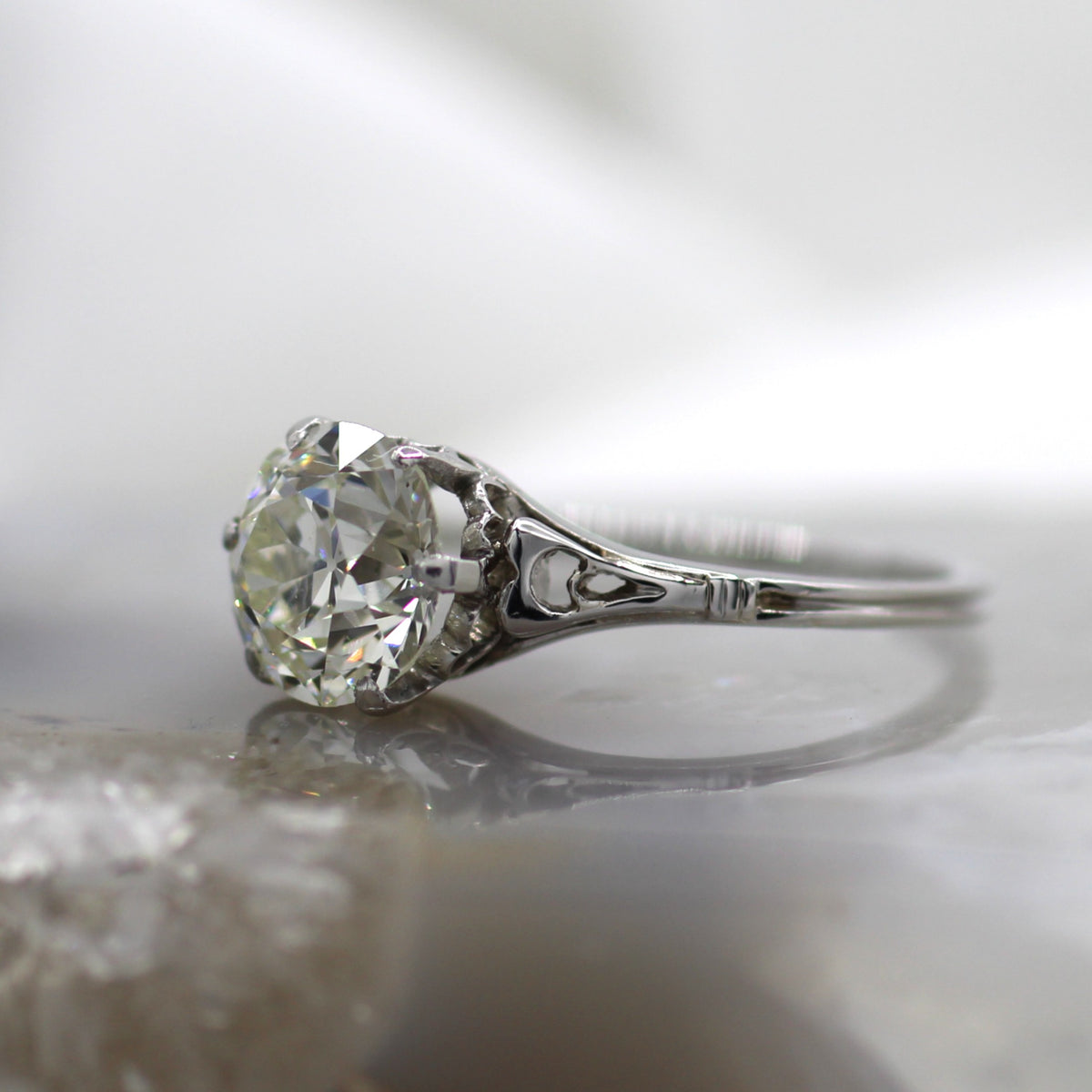 Platinum Vintage Antique Heart Accented Crown Old Mine Cut Diamond Solitaire Engagement Ring