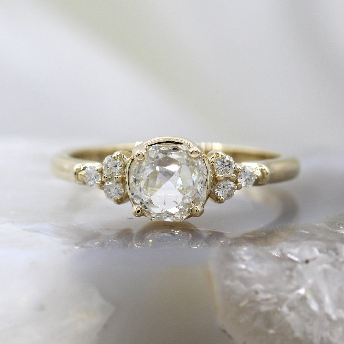 14K Yellow Gold Diamond Accented Rose Cut Diamond Engagement Ring