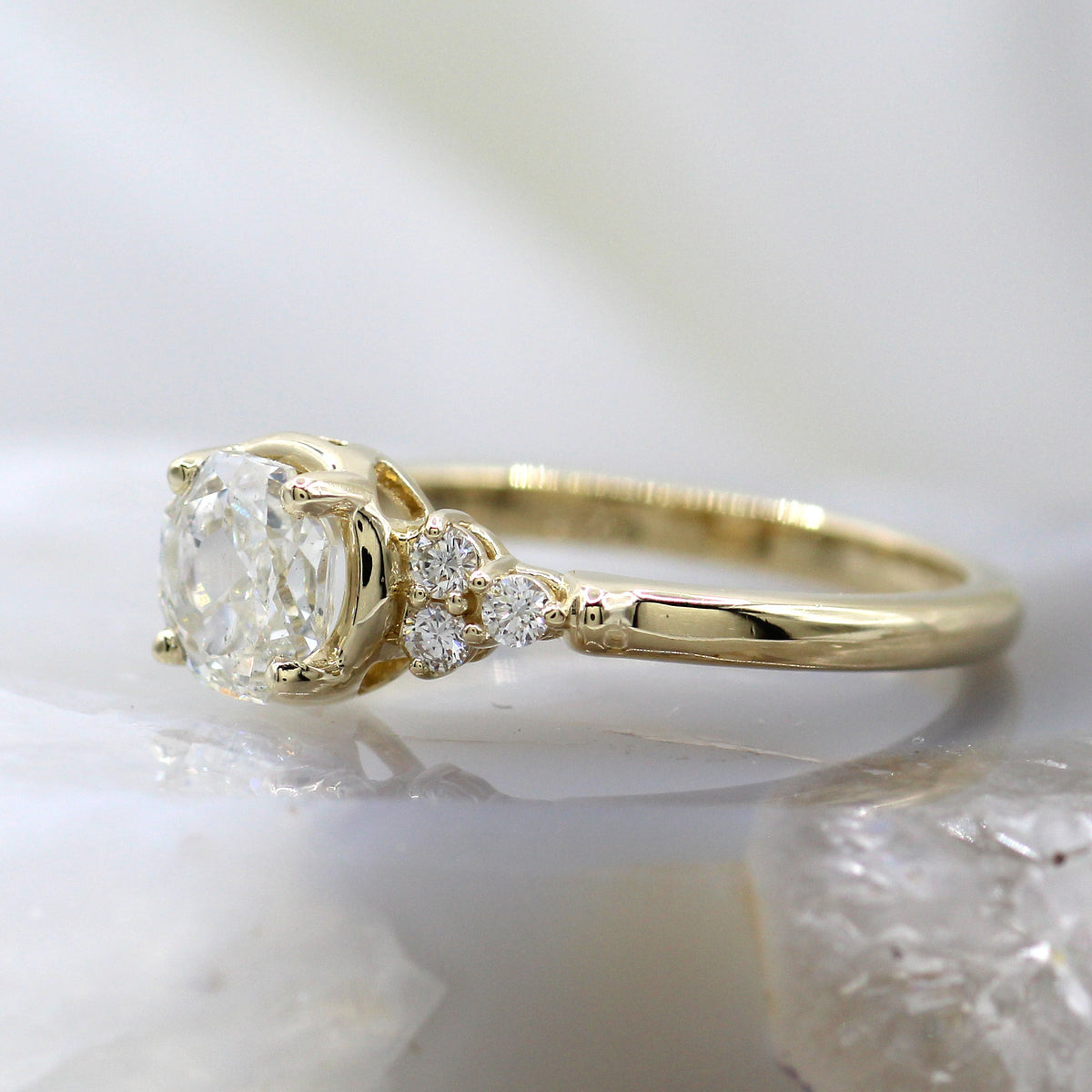 14K Yellow Gold Diamond Accented Rose Cut Diamond Engagement Ring
