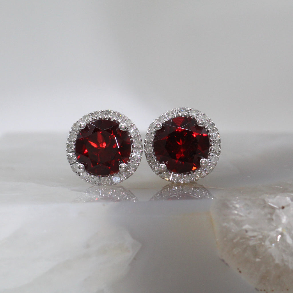 14K White Gold Halo Style Garnet and Diamond Stud Earrings