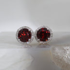 14K White Gold Halo Style Garnet and Diamond Stud Earrings