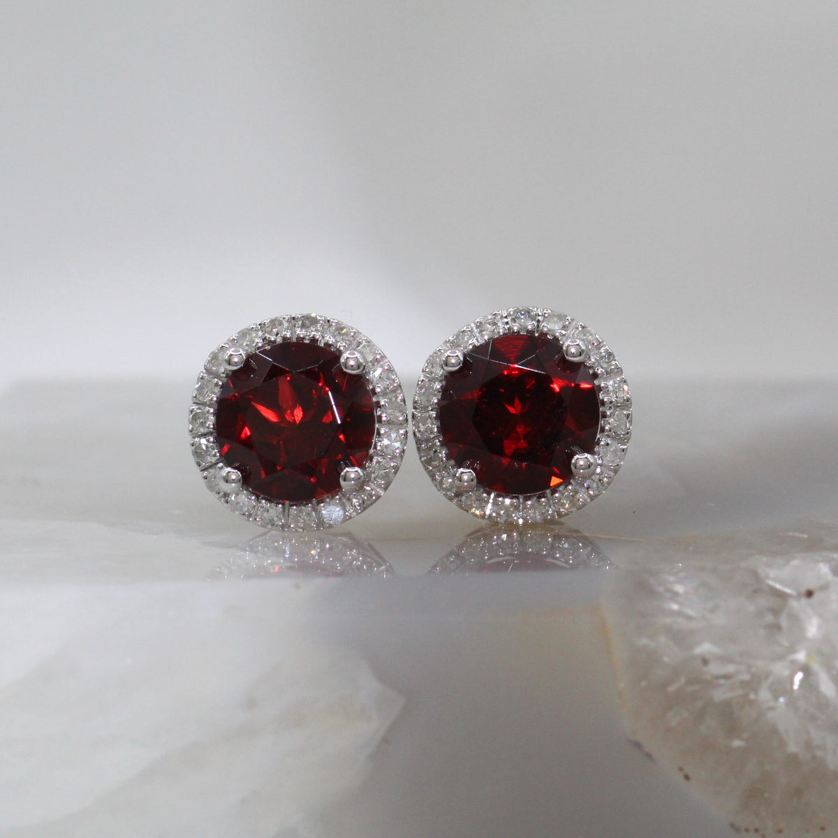 14K White Gold Halo Style Garnet and Diamond Stud Earrings