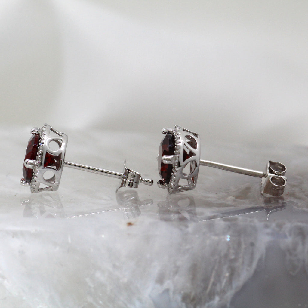 14K White Gold Halo Style Garnet and Diamond Stud Earrings