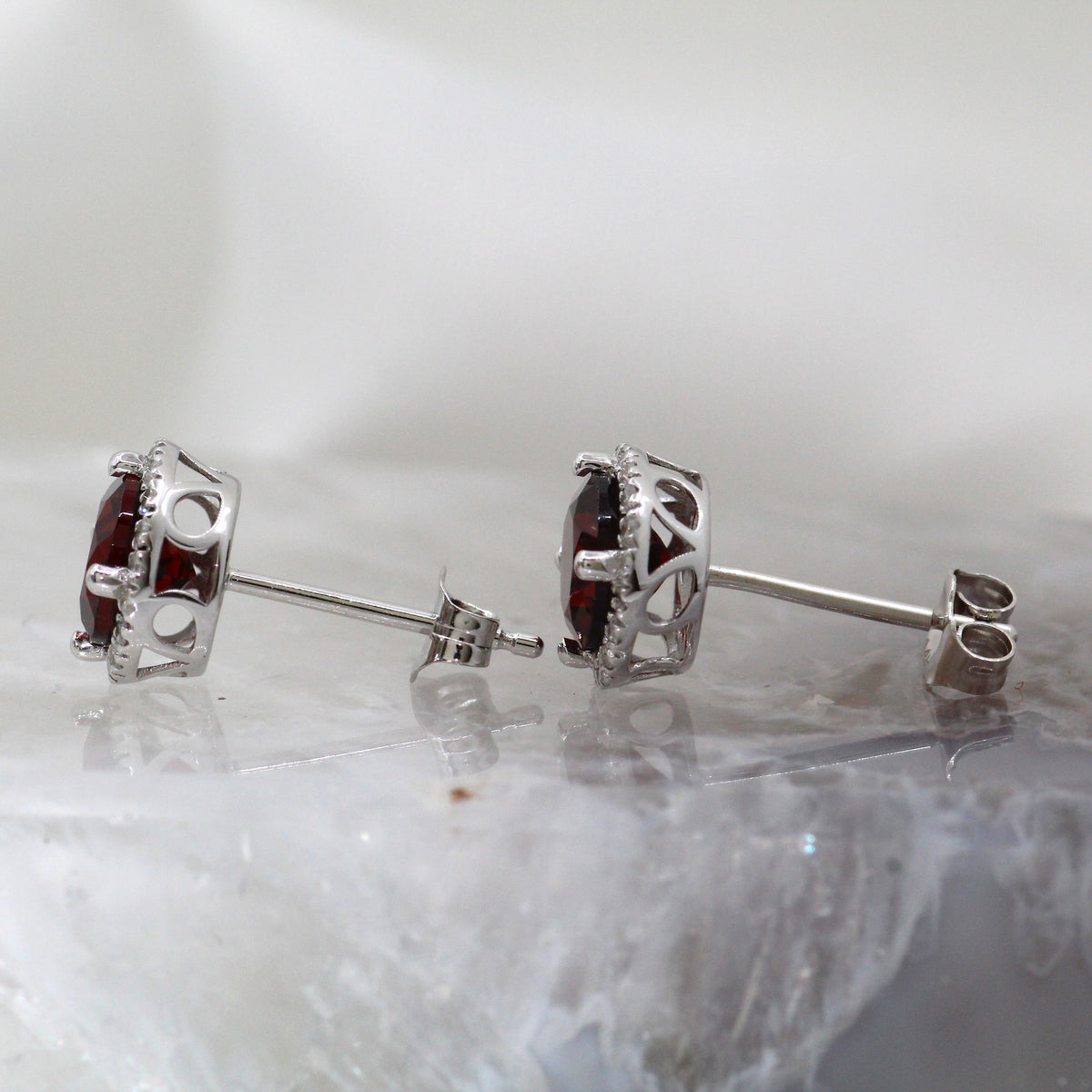 14K White Gold Halo Style Garnet and Diamond Stud Earrings
