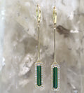 14K Yellow Gold Green Tourmaline and Diamond Elongated Rectangular Halo Style Drop Earrings