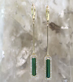 14K Yellow Gold Green Tourmaline and Diamond Elongated Rectangular Halo Style Drop Earrings