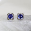 14K White Gold Tanzanite and Diamond Cushion Halo Stud Earrings