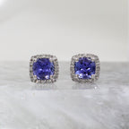 14K White Gold Tanzanite and Diamond Cushion Halo Stud Earrings