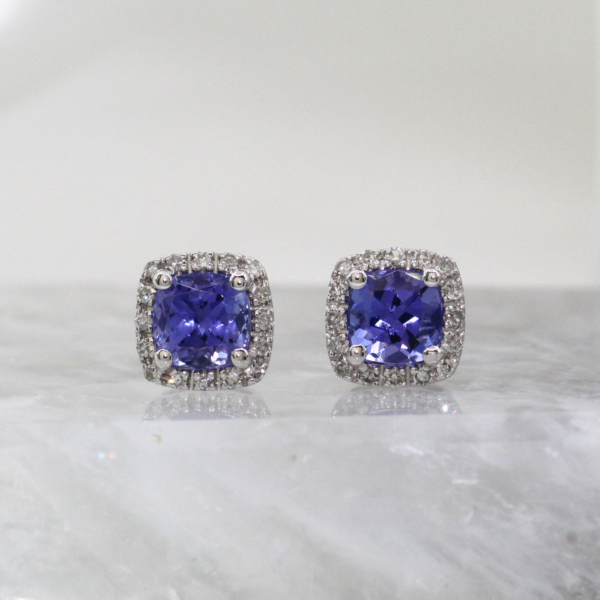 14K White Gold Tanzanite and Diamond Cushion Halo Stud Earrings