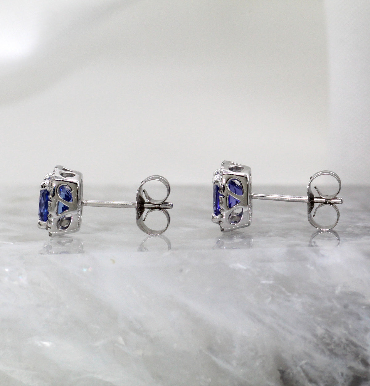 14K White Gold Sapphire and Diamond Cluster Halo Floral Stud Earrings