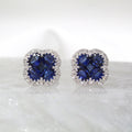 14K White Gold Sapphire and Diamond Cluster Halo Floral Stud Earrings