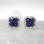 14K White Gold Sapphire and Diamond Cluster Halo Floral Stud Earrings