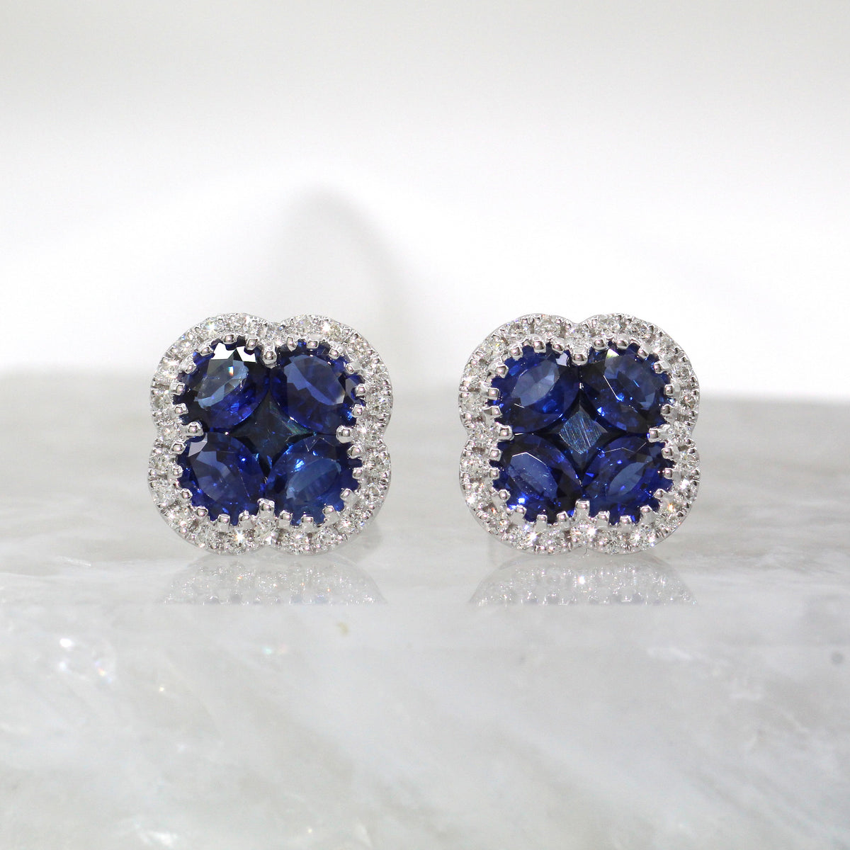 14K White Gold Sapphire and Diamond Cluster Halo Floral Stud Earrings