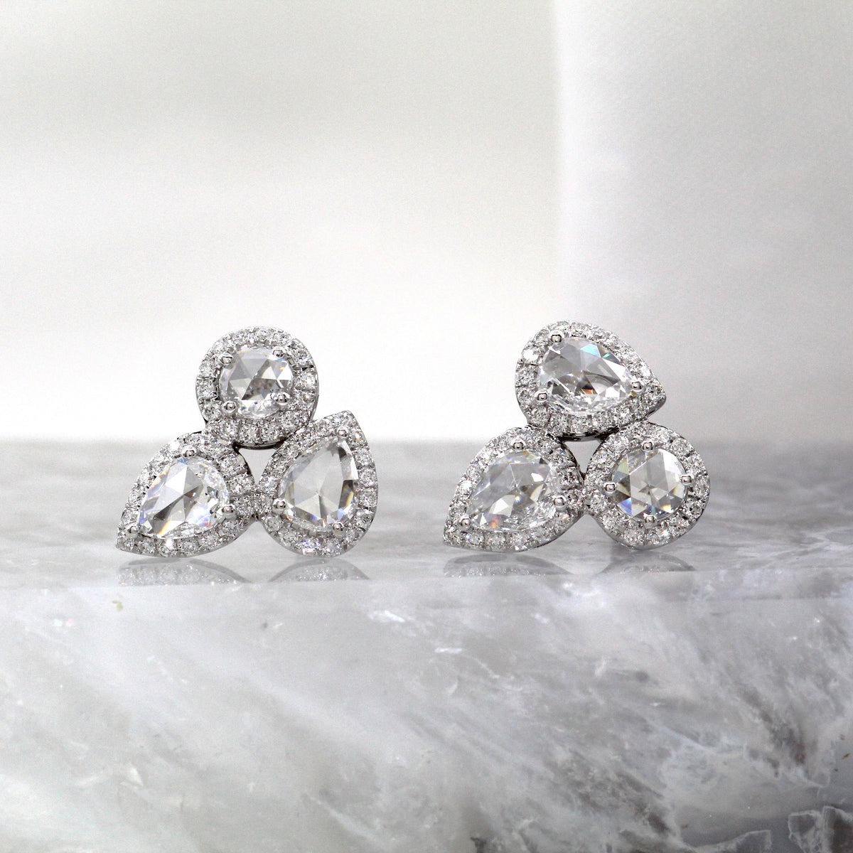 18K White Gold Triple Halo Rose Cut Geometric Diamond Stud Earrings