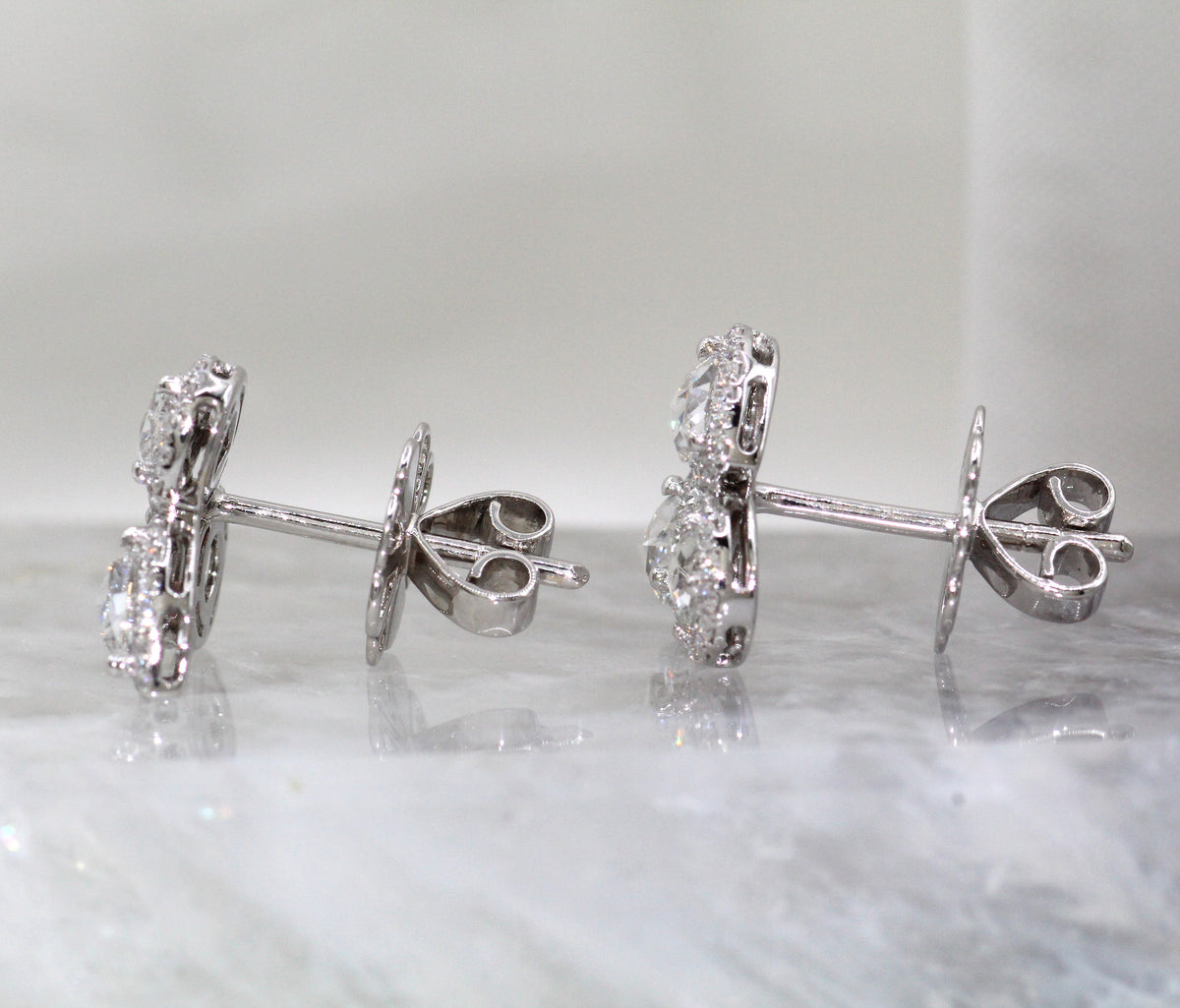 18K White Gold Triple Halo Rose Cut Geometric Diamond Stud Earrings