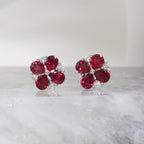 14K White Gold Natural Ruby and Diamond Clover Flower Cluster Stud Earrings