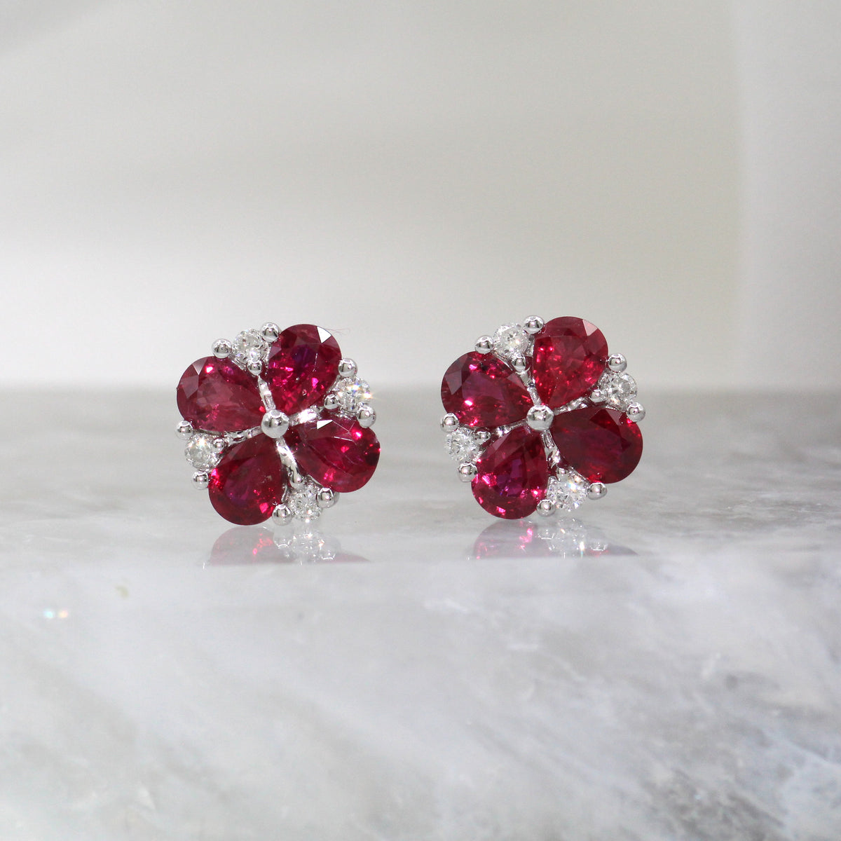 14K White Gold Natural Ruby and Diamond Clover Flower Cluster Stud Earrings
