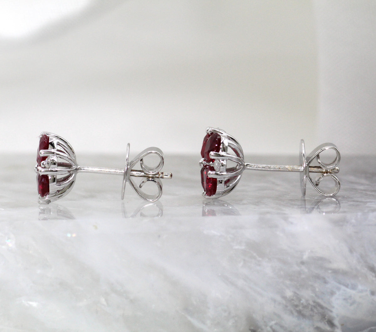 14K White Gold Natural Ruby and Diamond Clover Flower Cluster Stud Earrings