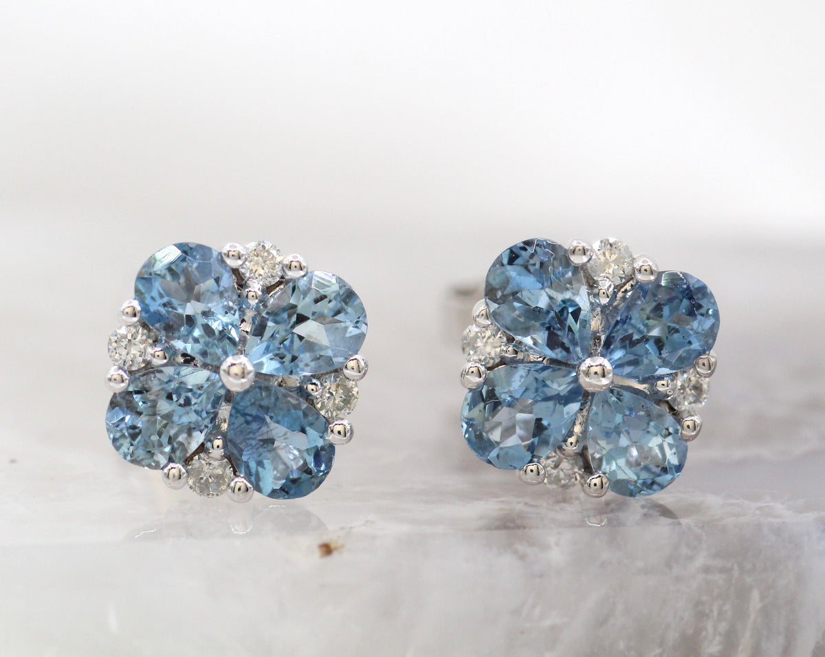 14K White Gold Aquamarine and Diamond Floral Cluster Stud Earrings