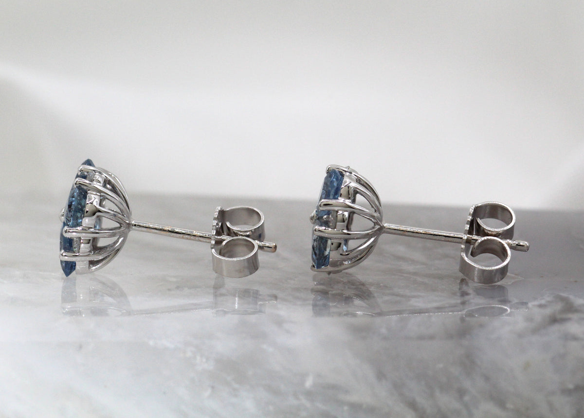 14K White Gold Aquamarine and Diamond Floral Cluster Stud Earrings