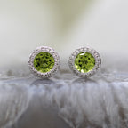 14K White Gold Peridot and Diamond Halo Stud Earrings