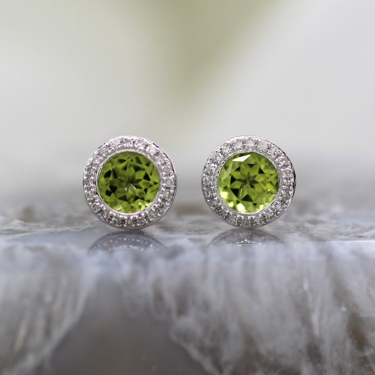14K White Gold Peridot and Diamond Halo Stud Earrings