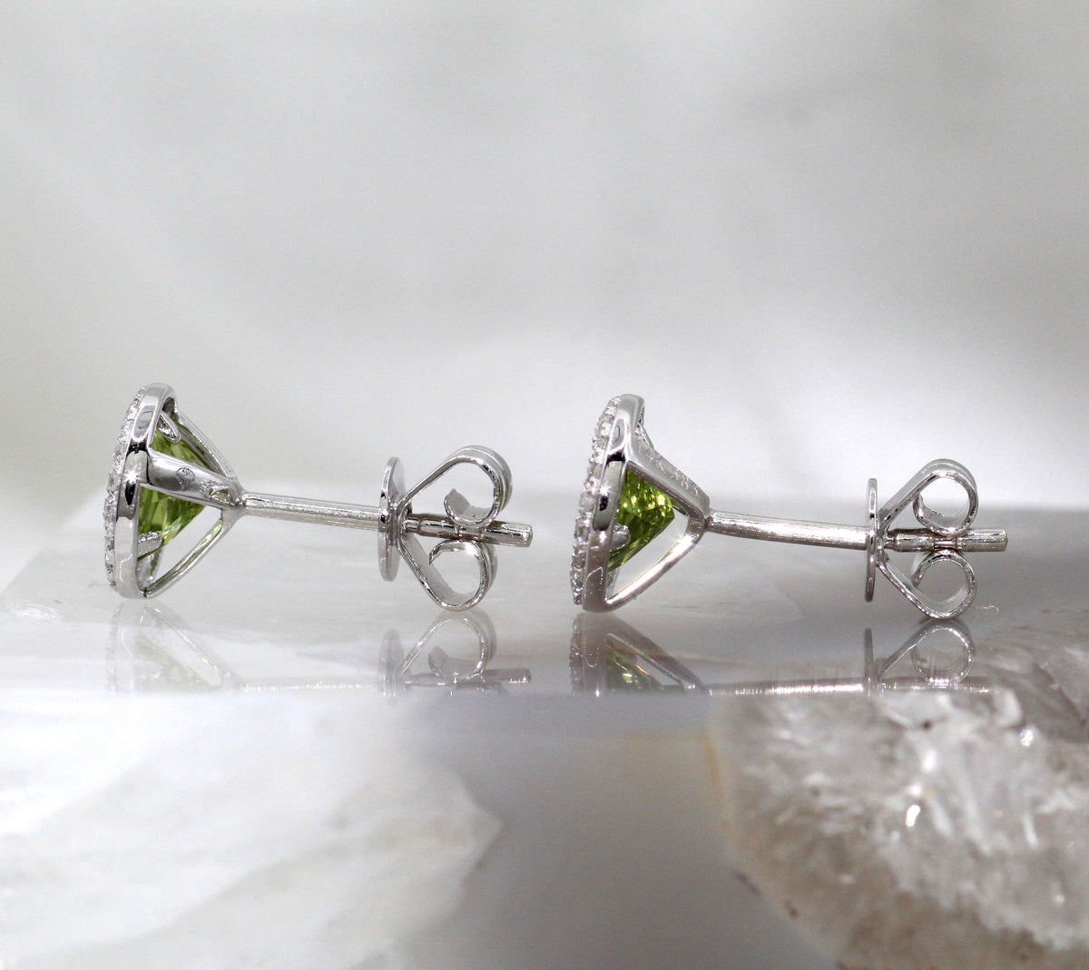 14K White Gold Peridot and Diamond Halo Stud Earrings