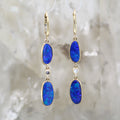 14K Yellow Gold Natural Opal Doublet and Diamond Dangle Earrings
