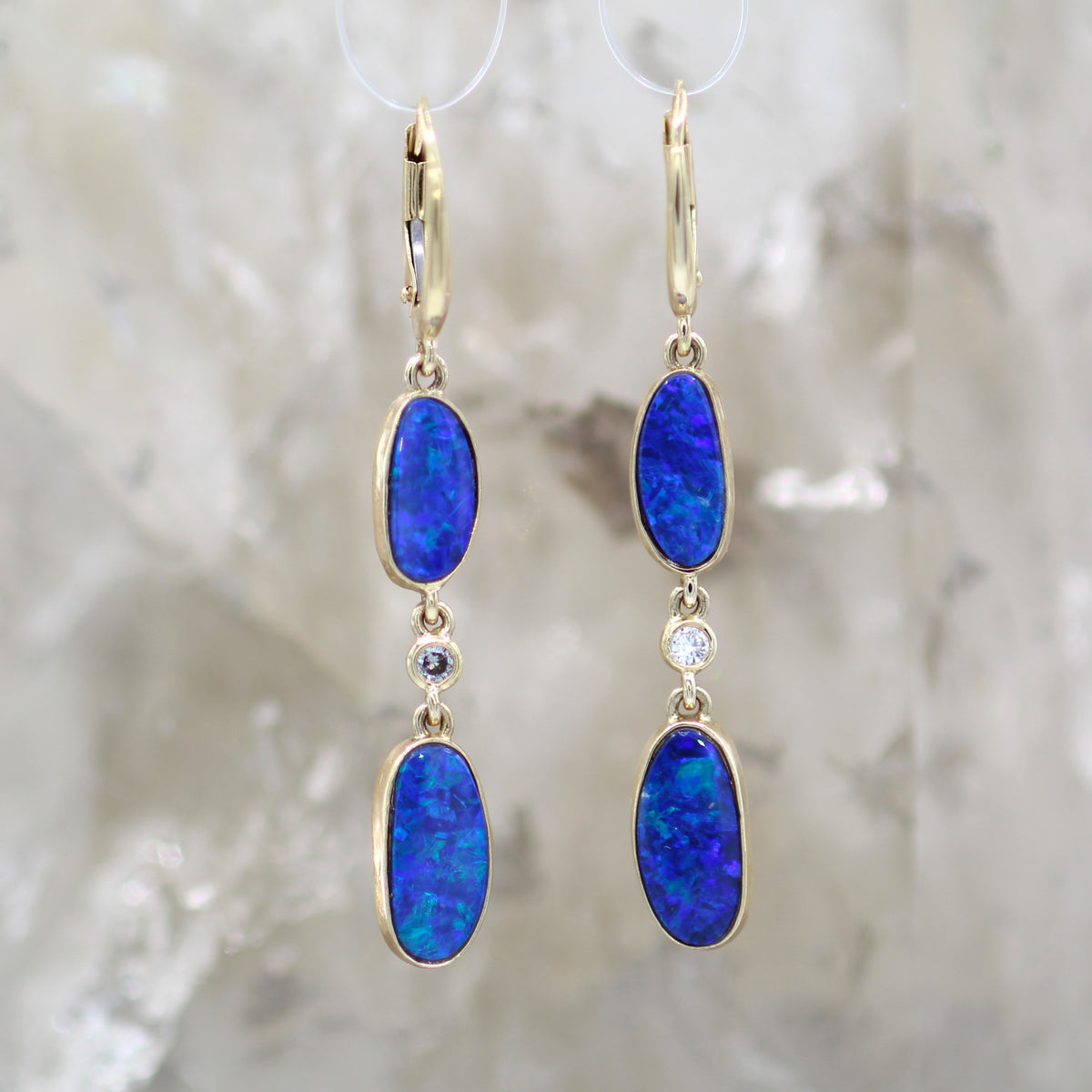 14K Yellow Gold Natural Opal Doublet and Diamond Dangle Earrings