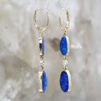 14K Yellow Gold Natural Opal Doublet and Diamond Dangle Earrings