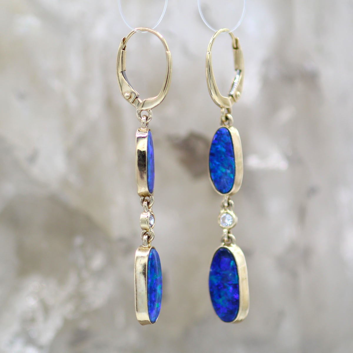 14K Yellow Gold Natural Opal Doublet and Diamond Dangle Earrings