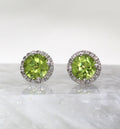 14K White Gold Peridot and Diamond Halo Style Stud Earrings