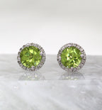 14K White Gold Peridot and Diamond Halo Style Stud Earrings