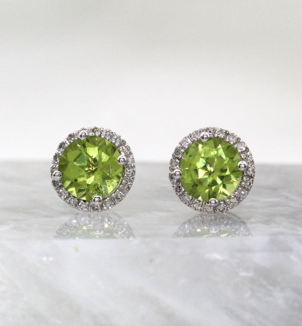 14K White Gold Peridot and Diamond Halo Style Stud Earrings