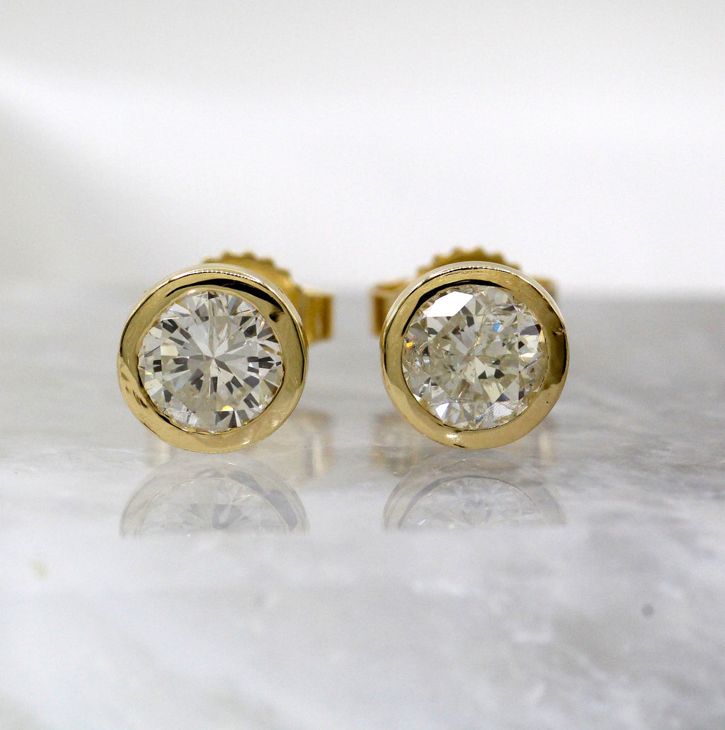 14K Yellow Gold Bezel Set Natural Diamond Stud Earrings