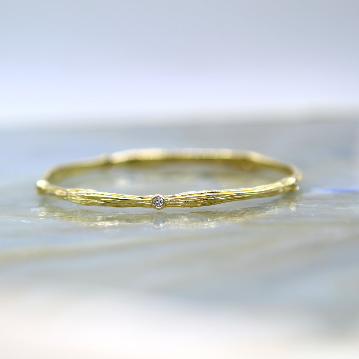 14K Yellow Gold and Diamond Wood Grain Textured Solid Bangle Bracelet