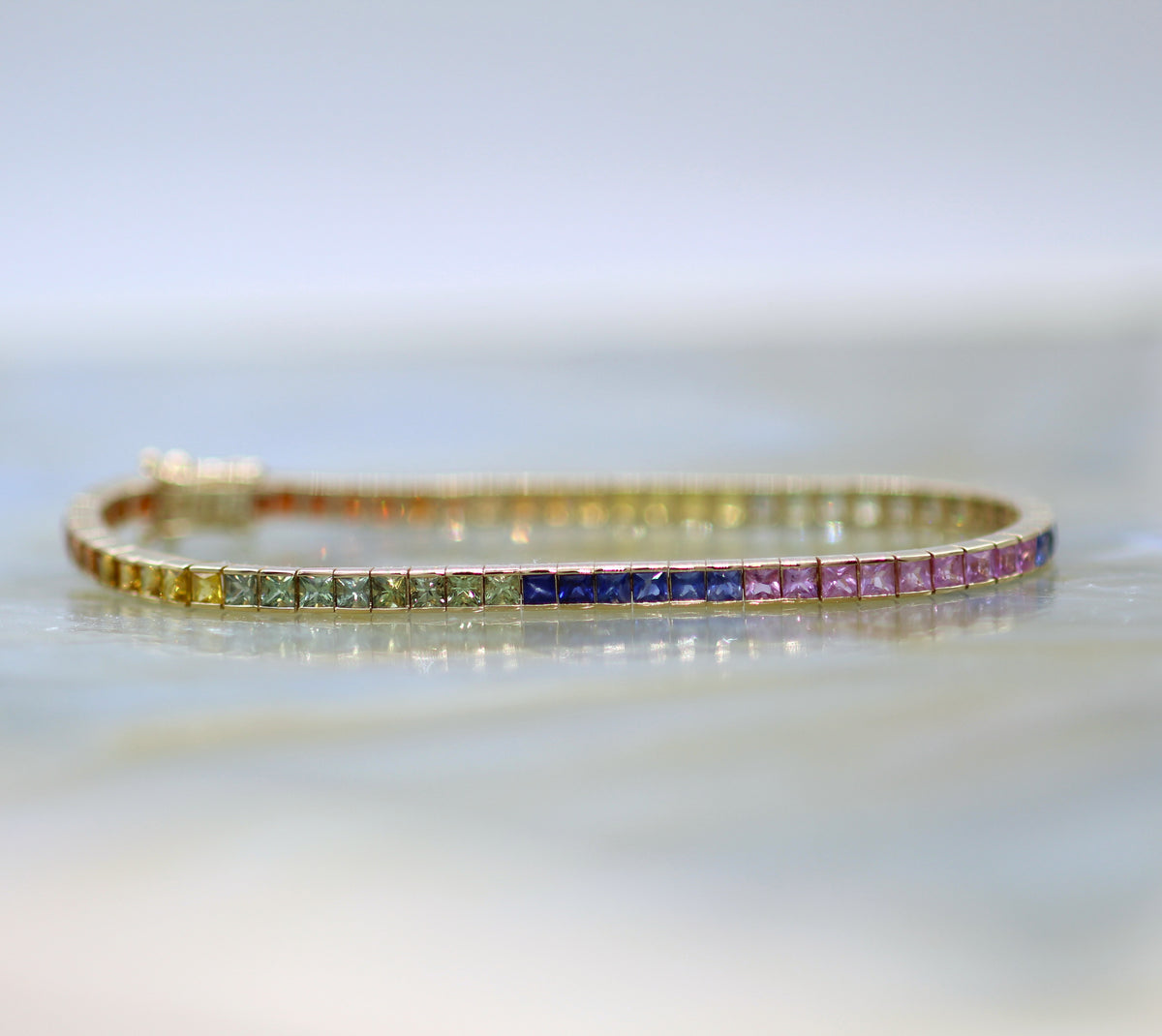 14K Yellow Gold Rainbow Sapphire Tennis Bracelet
