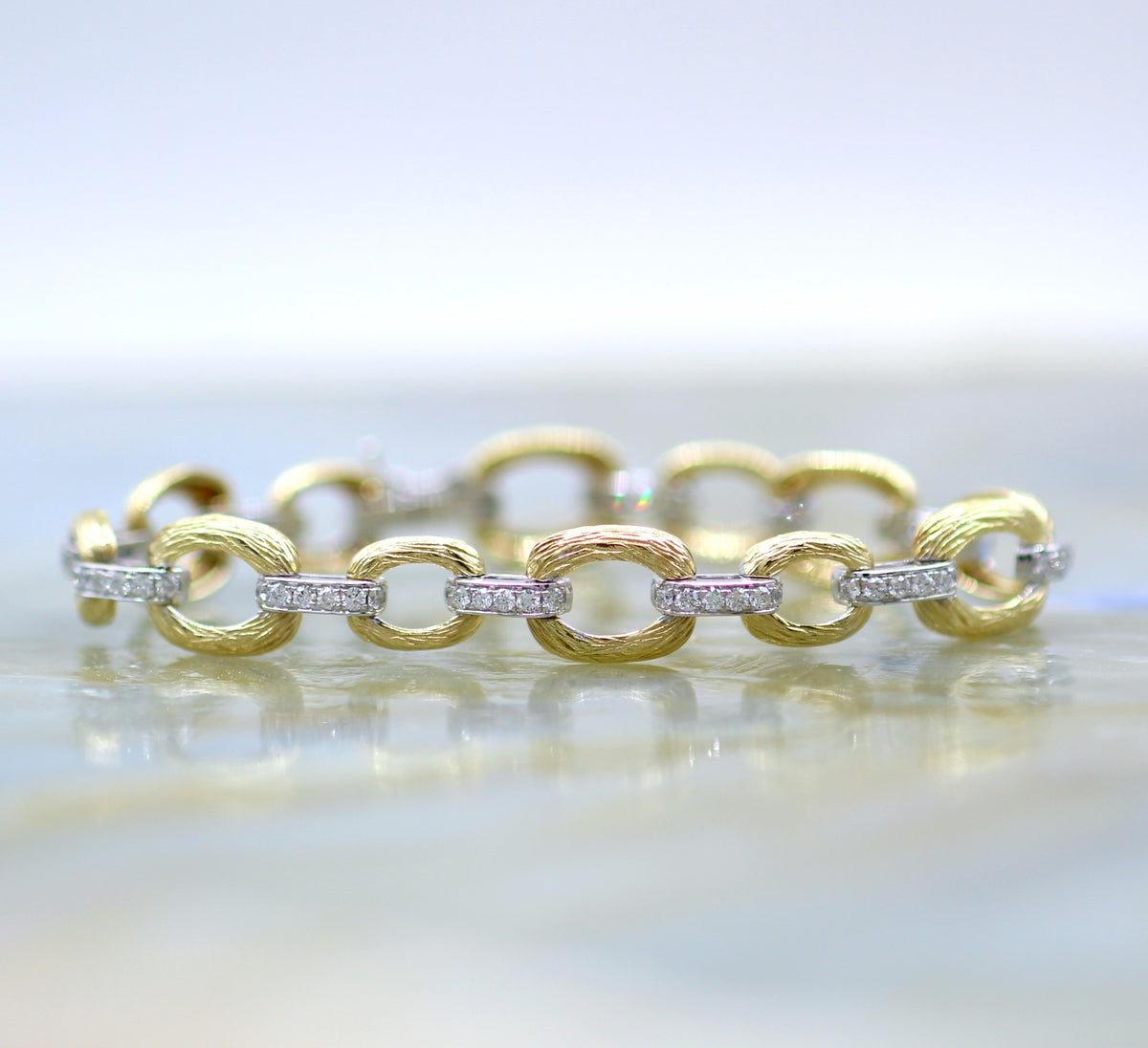 18K Two Tone Textured Chain Link Tennis Style Diamond Accented Bracelet